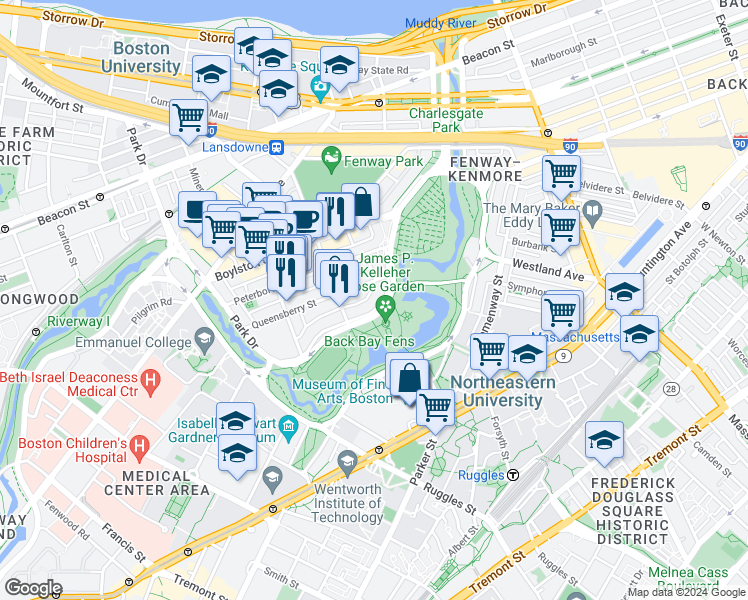 map of restaurants, bars, coffee shops, grocery stores, and more near Emerald Necklace in Boston