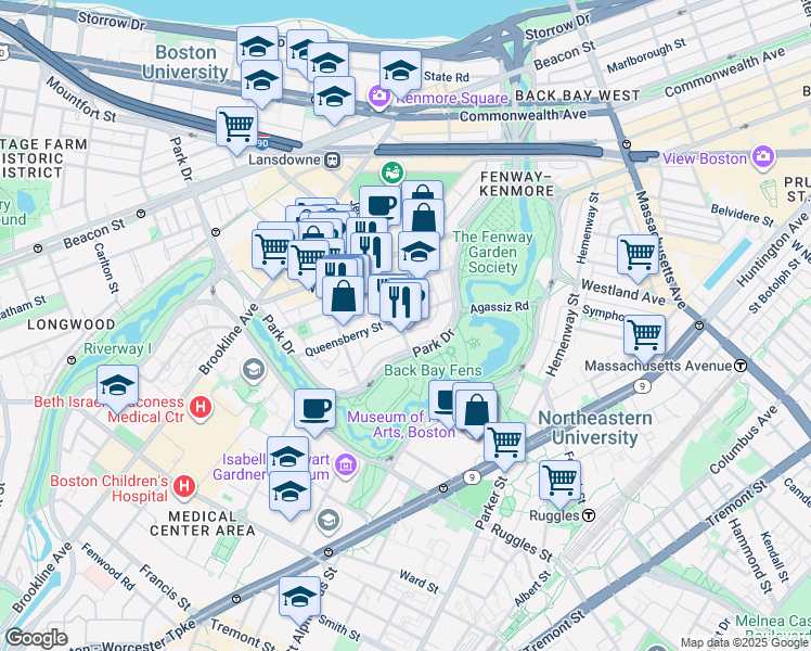map of restaurants, bars, coffee shops, grocery stores, and more near 111 Park Drive in Boston
