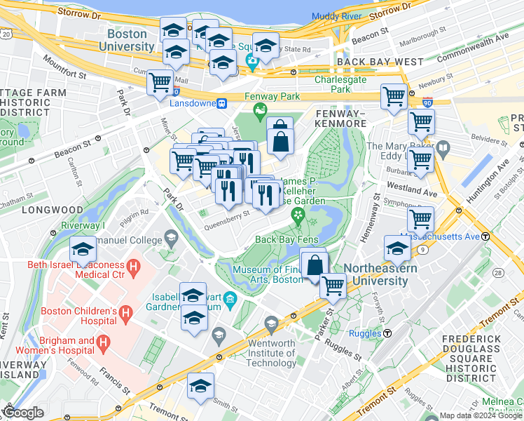 map of restaurants, bars, coffee shops, grocery stores, and more near 111 Park Drive in Boston