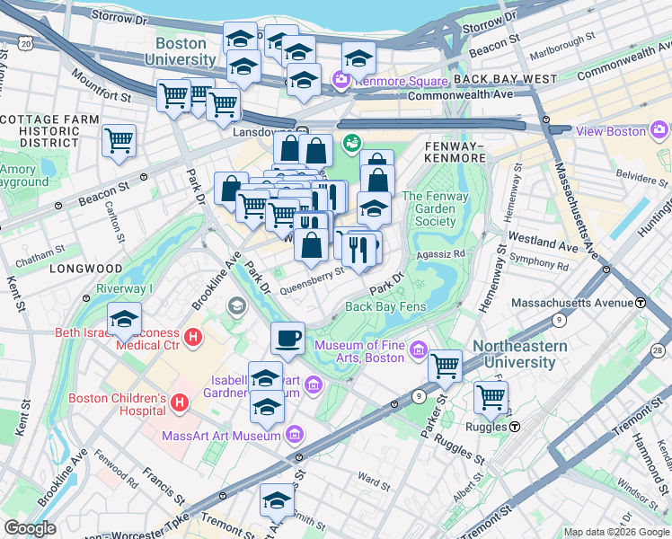 map of restaurants, bars, coffee shops, grocery stores, and more near 58 Queensberry Street in Boston