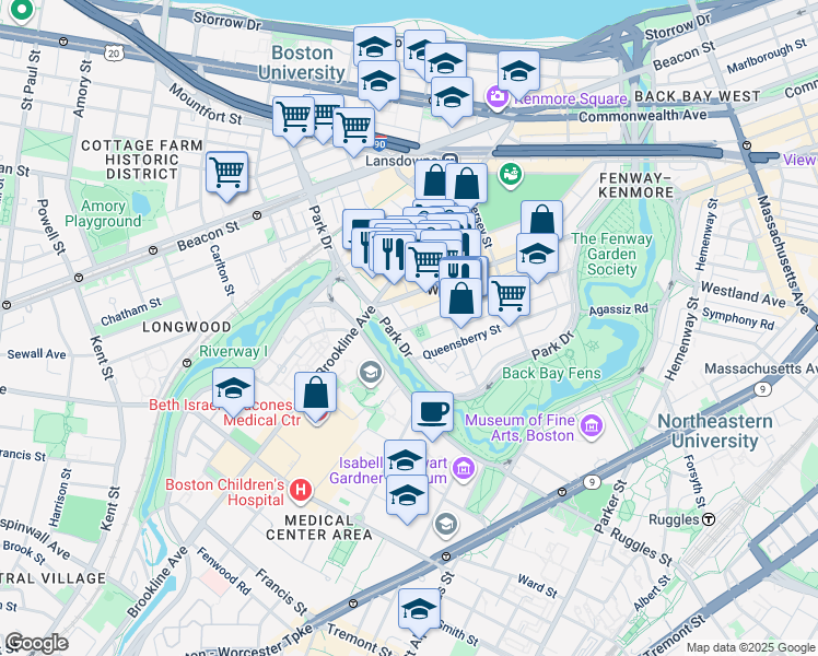 map of restaurants, bars, coffee shops, grocery stores, and more near 231 Park Drive in Boston