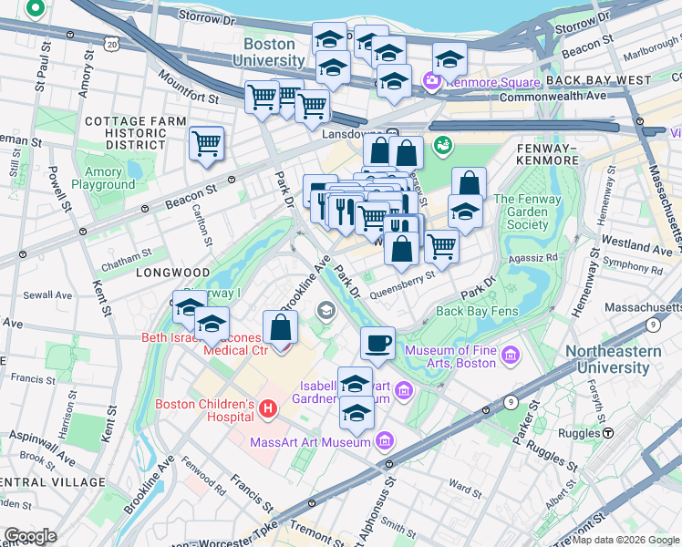 map of restaurants, bars, coffee shops, grocery stores, and more near 231 Park Drive in Boston