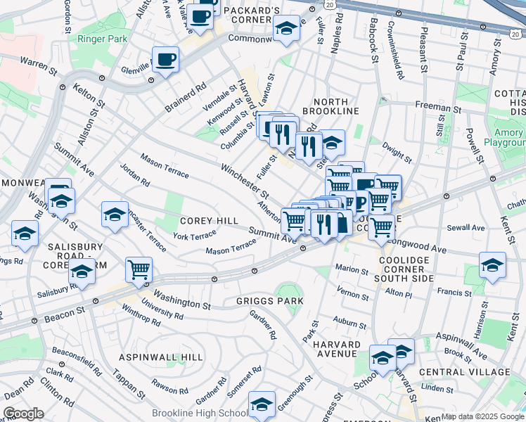 map of restaurants, bars, coffee shops, grocery stores, and more near 138 Mason Terrace in Brookline