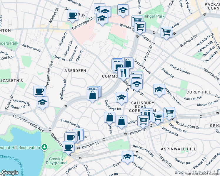 map of restaurants, bars, coffee shops, grocery stores, and more near 1665 Commonwealth Avenue in Boston