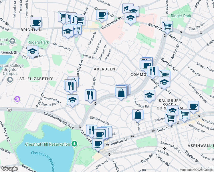 map of restaurants, bars, coffee shops, grocery stores, and more near 14 Leamington Road in Boston