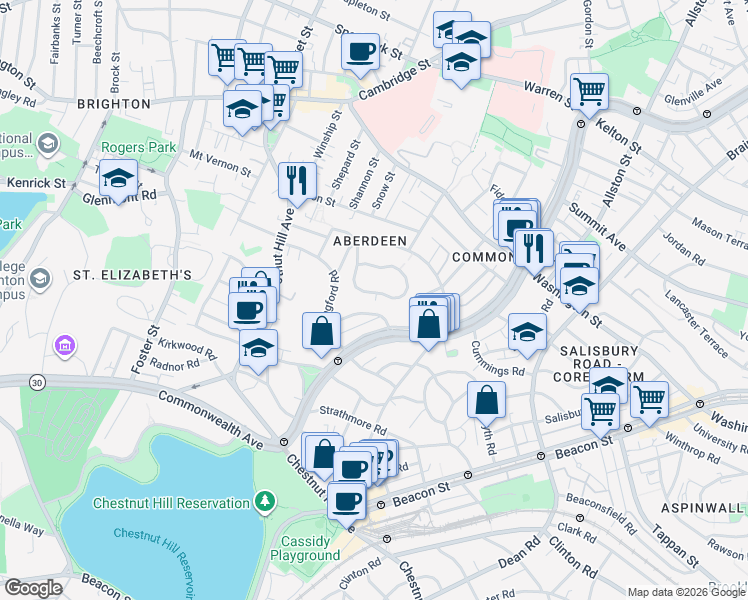 map of restaurants, bars, coffee shops, grocery stores, and more near 14 Leamington Road in Boston