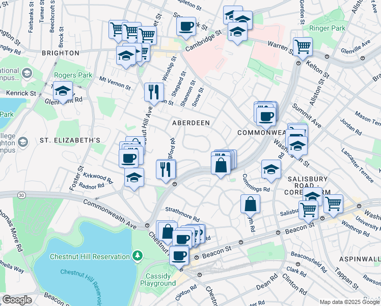 map of restaurants, bars, coffee shops, grocery stores, and more near 14 Leamington Road in Boston