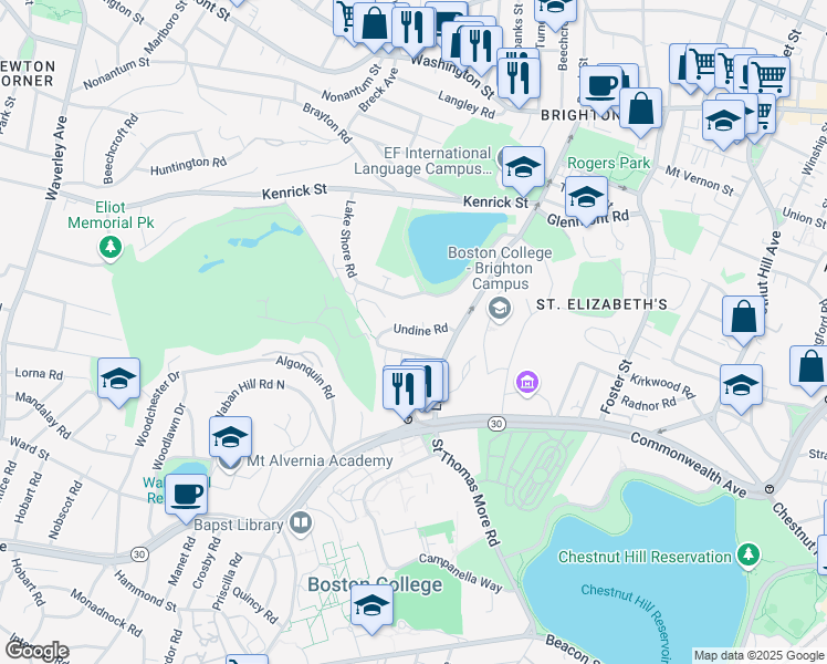 map of restaurants, bars, coffee shops, grocery stores, and more near 30 Undine Road in Boston
