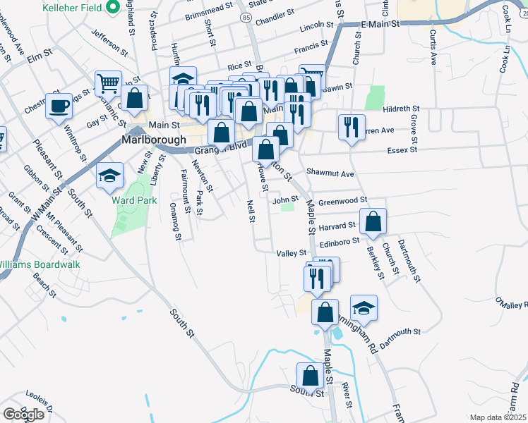map of restaurants, bars, coffee shops, grocery stores, and more near 139 Howe Street in Marlborough