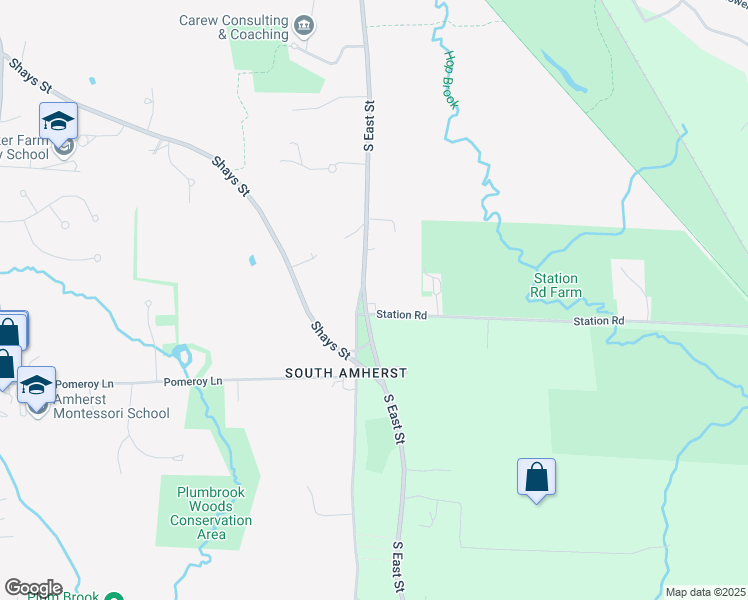 map of restaurants, bars, coffee shops, grocery stores, and more near South East Street in Amherst