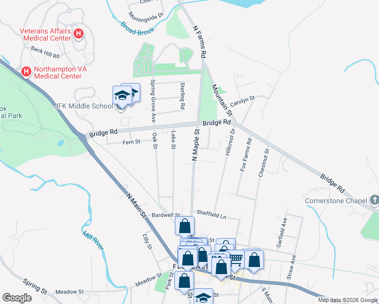 map of restaurants, bars, coffee shops, grocery stores, and more near 140 North Maple Street in Northampton
