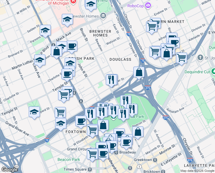map of restaurants, bars, coffee shops, grocery stores, and more near 276 Winder Street in Detroit