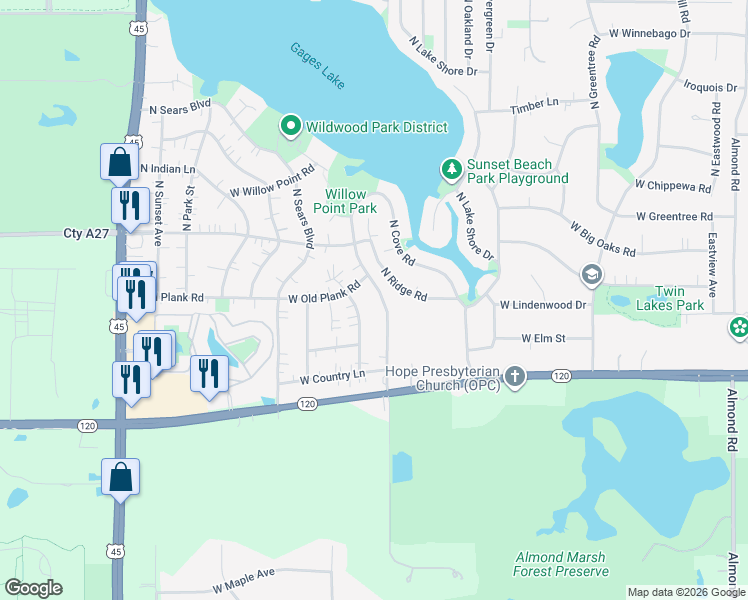 map of restaurants, bars, coffee shops, grocery stores, and more near 32980 North Rolling Hills Road in Grayslake