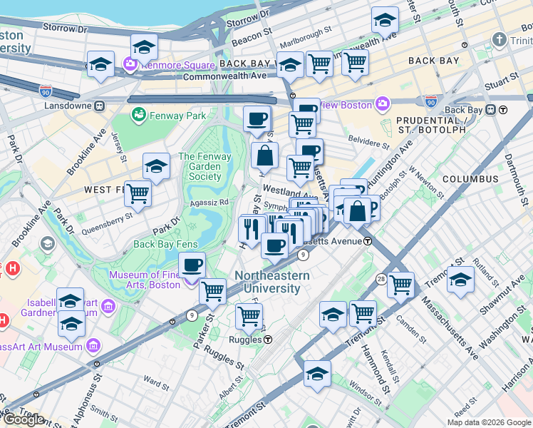 map of restaurants, bars, coffee shops, grocery stores, and more near 111 Gainsborough Street in Boston