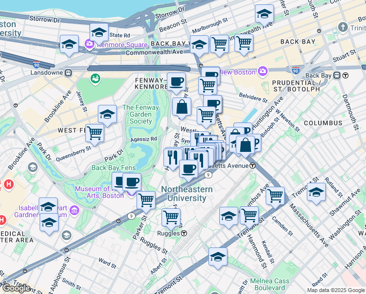 map of restaurants, bars, coffee shops, grocery stores, and more near 76 Gainsborough Street in Boston