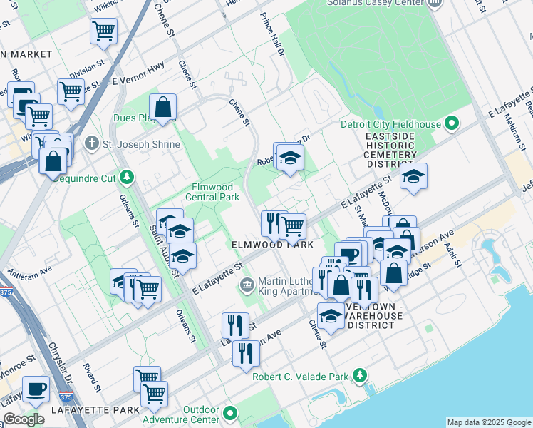 map of restaurants, bars, coffee shops, grocery stores, and more near in Detroit