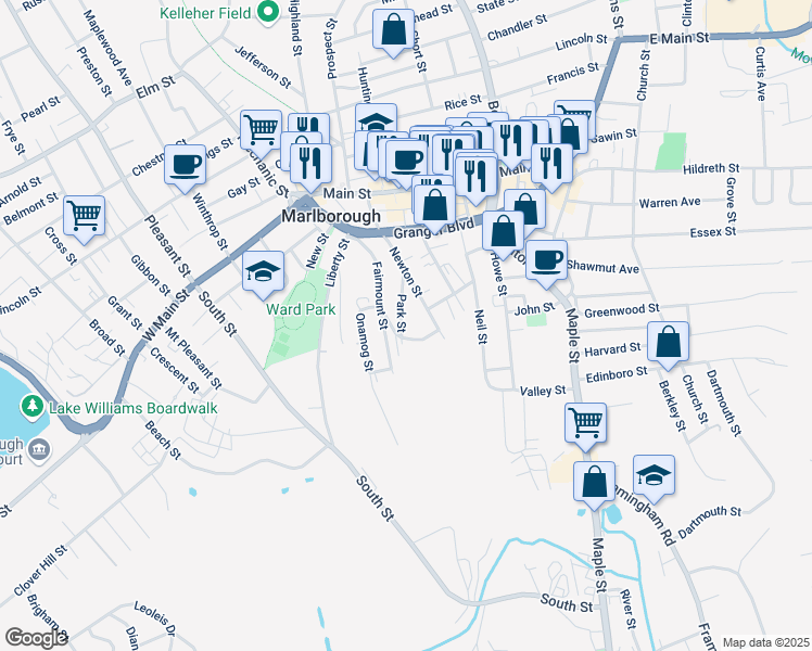 map of restaurants, bars, coffee shops, grocery stores, and more near 52 Park Street in Marlborough