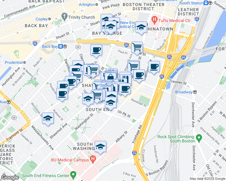map of restaurants, bars, coffee shops, grocery stores, and more near in Boston