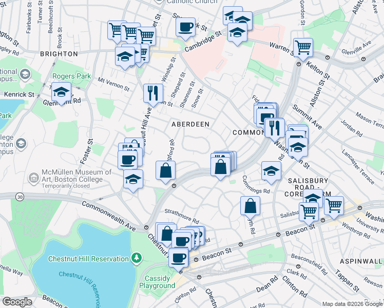 map of restaurants, bars, coffee shops, grocery stores, and more near 14 Leamington Road in Boston