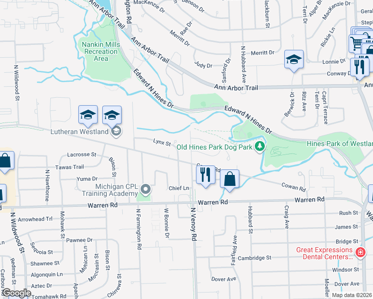 map of restaurants, bars, coffee shops, grocery stores, and more near 7510 North Venoy Road in Westland