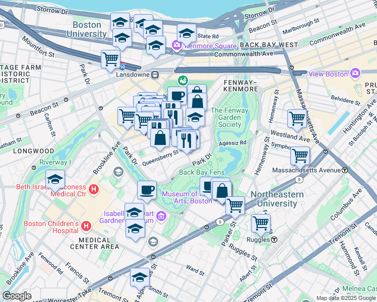 map of restaurants, bars, coffee shops, grocery stores, and more near 111 Park Drive in Boston