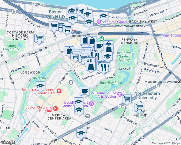 map of restaurants, bars, coffee shops, grocery stores, and more near 60 Kilmarnock Street in Boston
