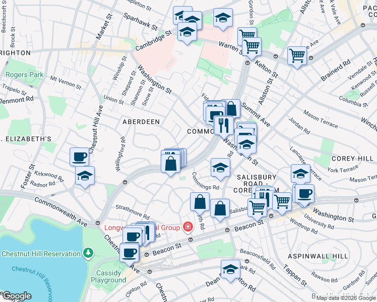 map of restaurants, bars, coffee shops, grocery stores, and more near 1665 Commonwealth Avenue in Boston