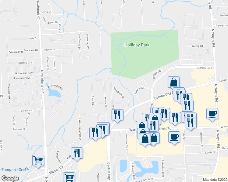 map of restaurants, bars, coffee shops, grocery stores, and more near 7482 Woodview Street in Westland