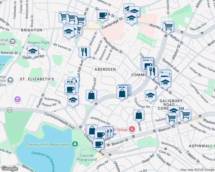 map of restaurants, bars, coffee shops, grocery stores, and more near 14 Leamington Road in Boston