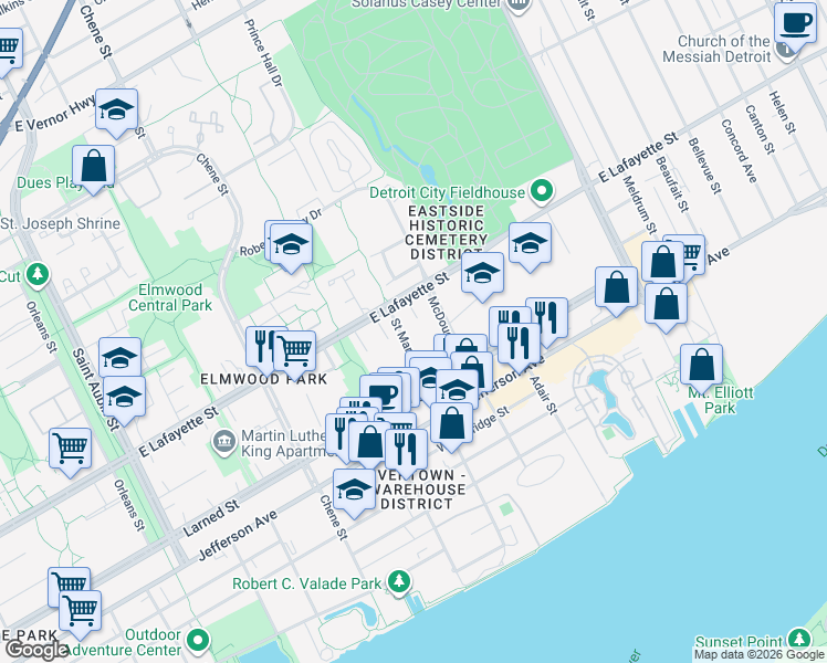 map of restaurants, bars, coffee shops, grocery stores, and more near 685 Saint Maron Place in Detroit
