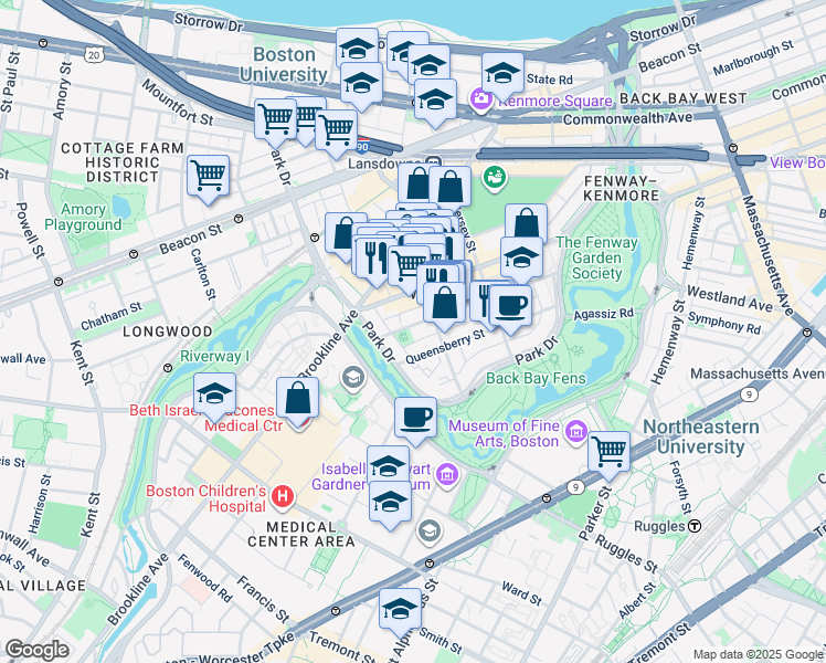map of restaurants, bars, coffee shops, grocery stores, and more near 124 Peterborough Street in Boston