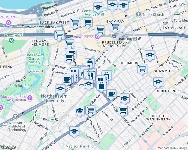 map of restaurants, bars, coffee shops, grocery stores, and more near 170 St Botolph St in Boston