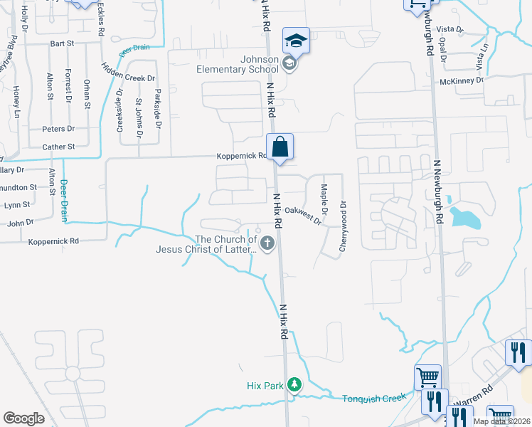 map of restaurants, bars, coffee shops, grocery stores, and more near 7555 North Hix Road in Westland