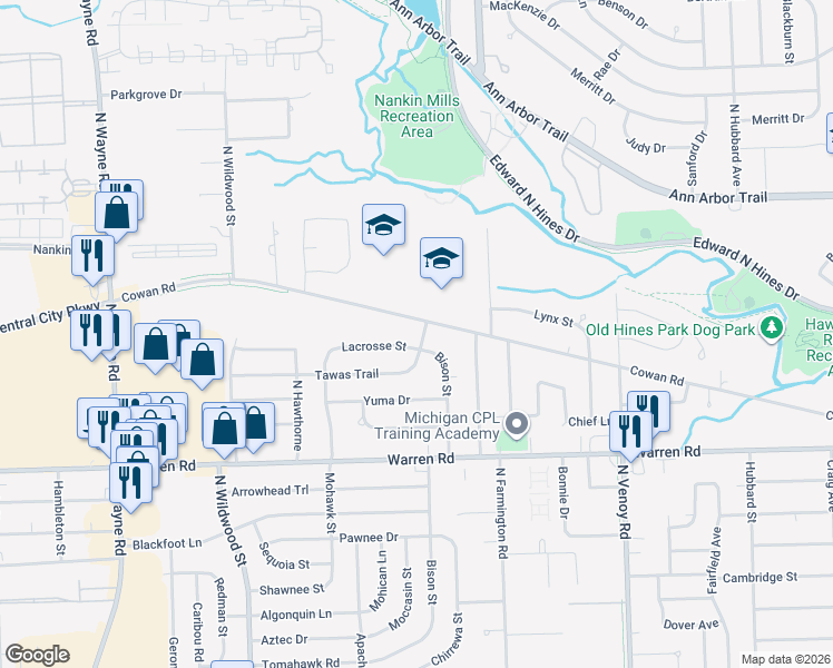 map of restaurants, bars, coffee shops, grocery stores, and more near 7539 Bison Street in Westland