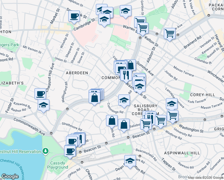 map of restaurants, bars, coffee shops, grocery stores, and more near 1643 Commonwealth Avenue in Boston