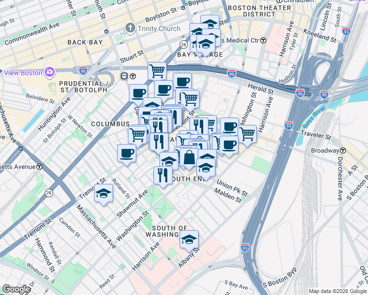 map of restaurants, bars, coffee shops, grocery stores, and more near 7 Upton Street in Boston