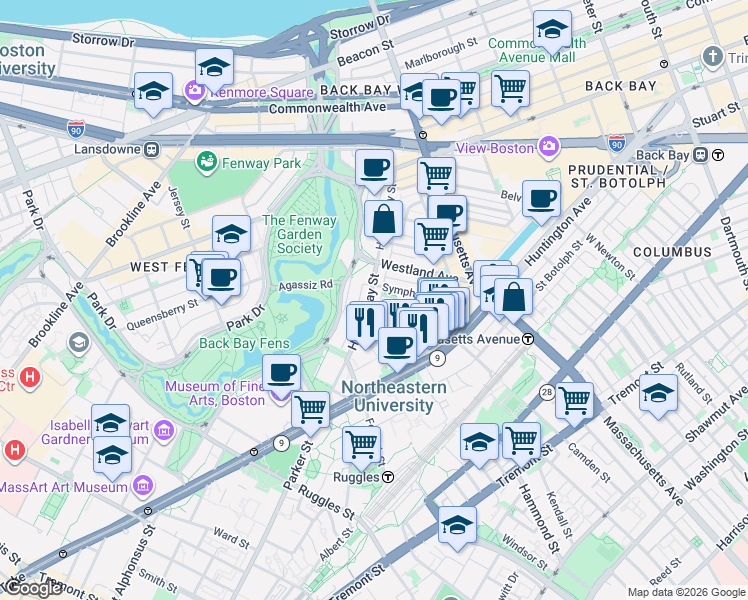 map of restaurants, bars, coffee shops, grocery stores, and more near 76 Gainsborough Street in Boston