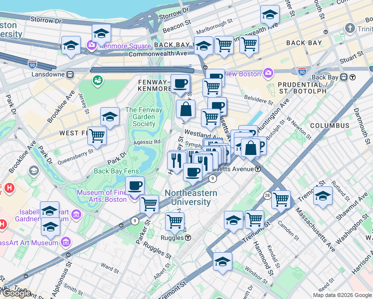 map of restaurants, bars, coffee shops, grocery stores, and more near 111 Gainsborough Street in Boston