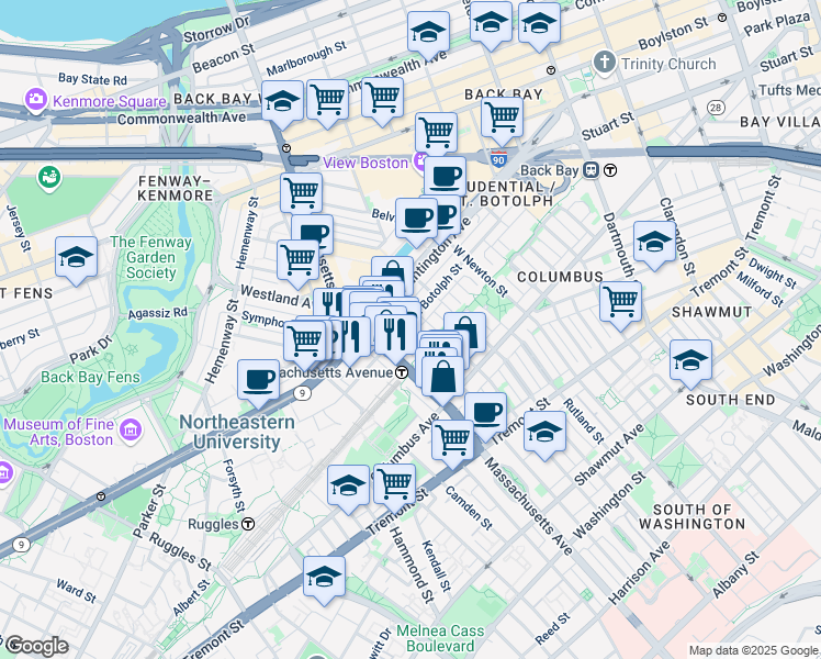 map of restaurants, bars, coffee shops, grocery stores, and more near 170 Saint Botolph Street in Boston