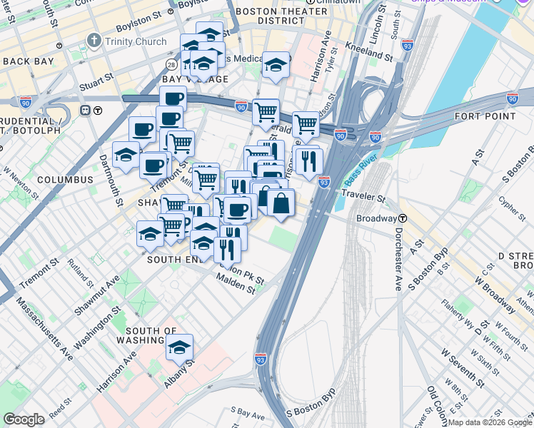 map of restaurants, bars, coffee shops, grocery stores, and more near 460 Harrison Avenue in Boston