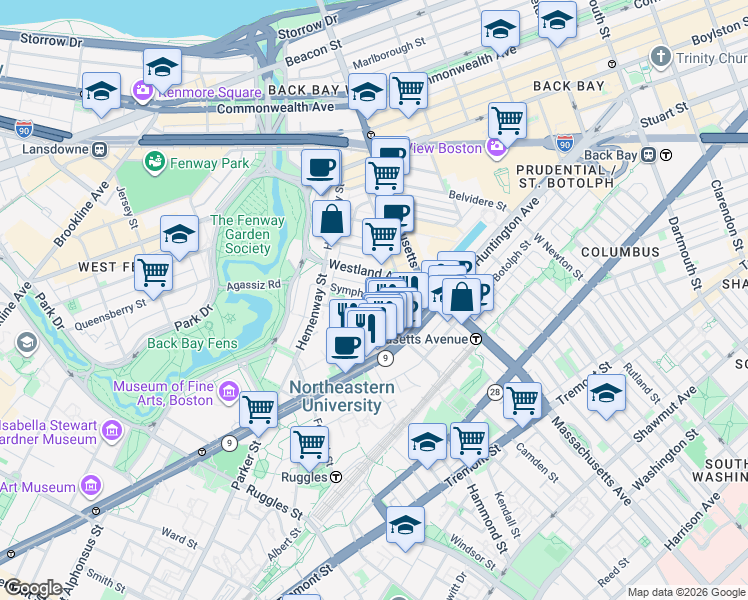 map of restaurants, bars, coffee shops, grocery stores, and more near 77 Saint Stephen Street in Boston