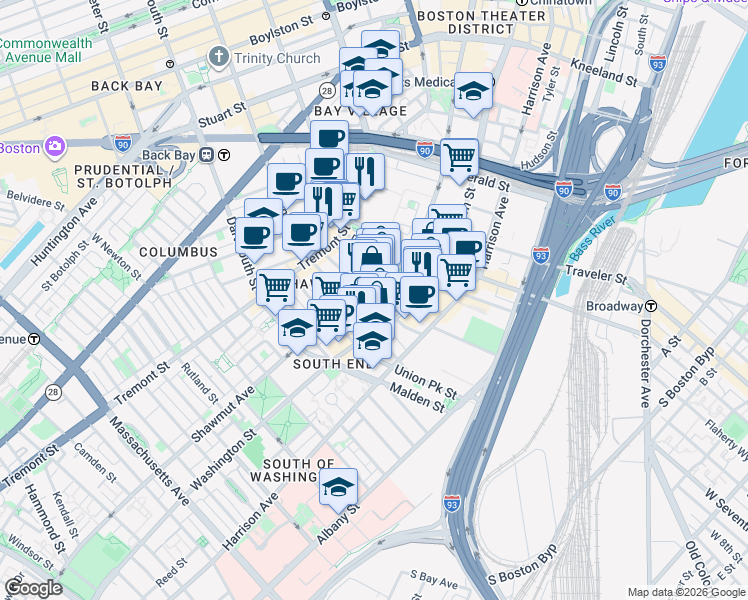 map of restaurants, bars, coffee shops, grocery stores, and more near in Boston