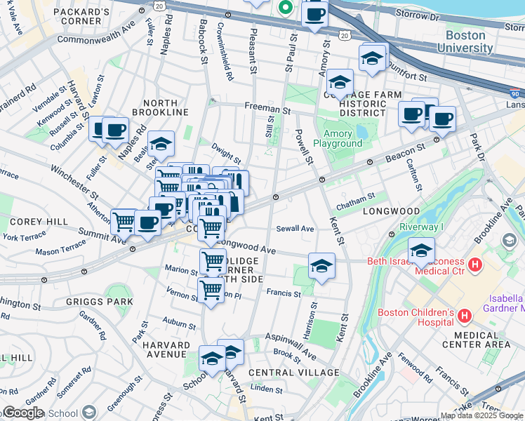 map of restaurants, bars, coffee shops, grocery stores, and more near 3 James Street in Brookline