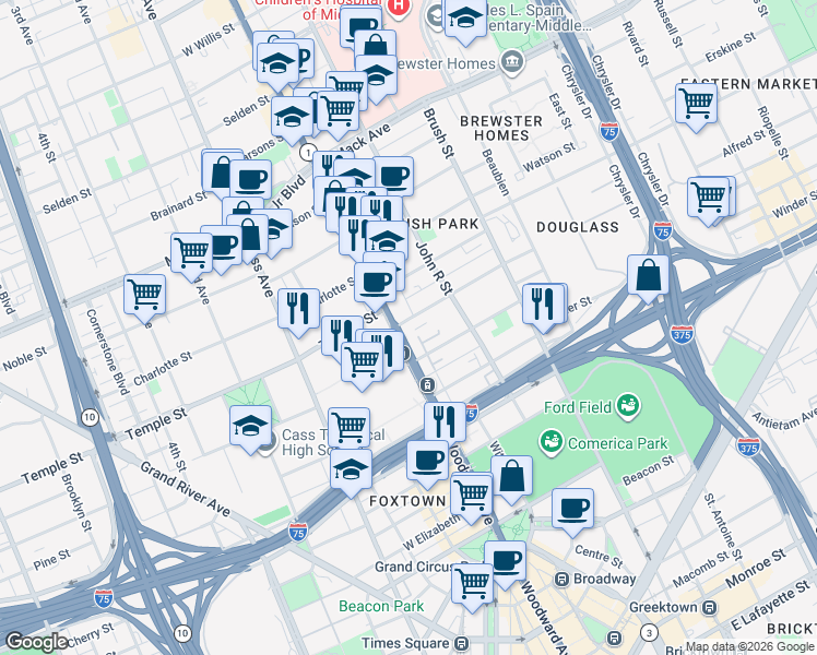 map of restaurants, bars, coffee shops, grocery stores, and more near 79 Alfred Street in Detroit