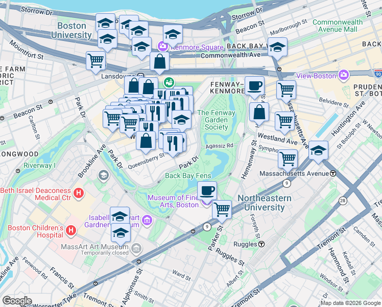 map of restaurants, bars, coffee shops, grocery stores, and more near 11 Queensberry Street in Boston