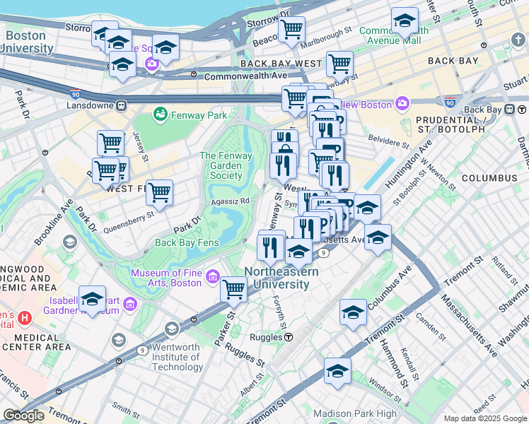 map of restaurants, bars, coffee shops, grocery stores, and more near 60 Fenway in Boston
