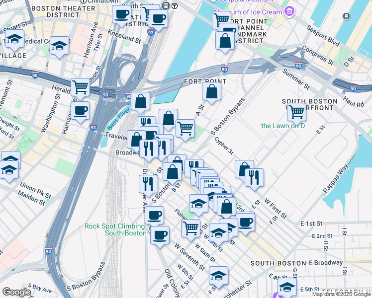 map of restaurants, bars, coffee shops, grocery stores, and more near 100 West 2nd Street in Boston
