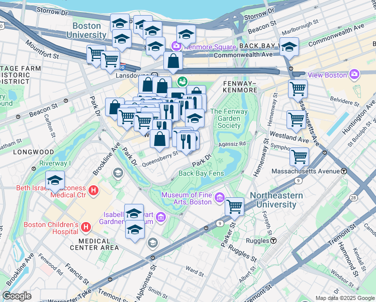 map of restaurants, bars, coffee shops, grocery stores, and more near 40 Queensberry Street in Boston