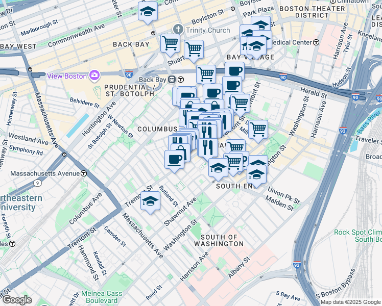 map of restaurants, bars, coffee shops, grocery stores, and more near 7 Dartmouth Street in Boston