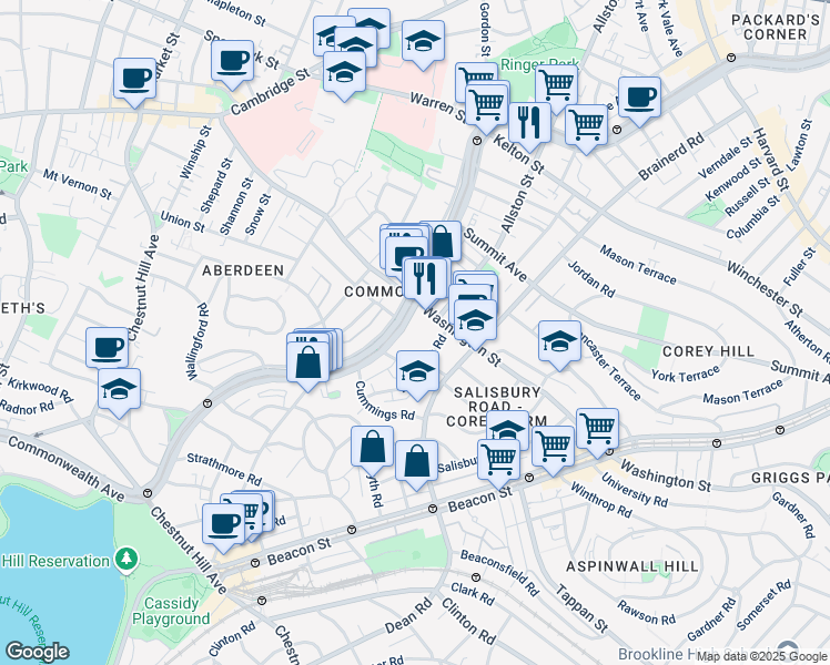 map of restaurants, bars, coffee shops, grocery stores, and more near 1619 Commonwealth Avenue in Boston